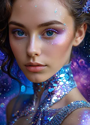 (masterpiece, best quality, ultra-detailed, photorealistic, HDR, fantasy art, waist-up portrait, entire figure from head to waist, face and upper body centered in frame, direct visual focus), female, young adult, Aelith, fantastical being, inhuman, sapphire-blue skin with intense pearlescent glow and inner luminescence, diamond-shaped elongated face, sharply sculpted cheekbones adorned with complex, crystalline natural patterns shimmering in rainbow hues, completely gold irises with no visible pupils or sclera, eyes softly glowing from within, long translucent white lashes, brow area replaced by thin luminescent silver lines, nose small, smooth, with perfectly straight bridge, lips heart-shaped, metallic ultramarine and violet shine, no natural texture, gentle enigmatic smile, ears extended upward and outward with crystalline outgrowths along edges, hair hyperlong, thick, silver-white with shifting iridescent tints, cascading to waist in abstract fluid waves, high swanlike neck glowing from within, shoulders and chest sheathed in semi-transparent glassy fabric with abstract opalescent refractions and subtle prismatic highlights, skin beneath garment subtly shimmers, natural crystalline collar and pauldrons formed by body, posture regal and still, background softly blurred — cosmic nebula of deep blues, purples, shimmering starlight, five distinct non-fused fingers on each hand if visible, perfect anatomy, hyperreal color, ultra-sharp focus, <lora:MJ52:1>, <lora:SDXLHighDetail_v6-000005:.8>, <lora:Microwaist_XL_v01:.8>