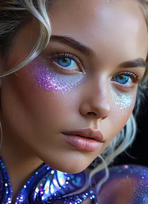 (masterpiece, best quality, ultra-detailed, photorealistic, HDR, fantasy art, waist-up portrait, entire figure from head to waist, face and upper body centered in frame, direct visual focus), female, young adult, Aelith, fantastical being, inhuman, sapphire-blue skin with intense pearlescent glow and inner luminescence, diamond-shaped elongated face, sharply sculpted cheekbones adorned with complex, crystalline natural patterns shimmering in rainbow hues, completely gold irises with no visible pupils or sclera, eyes softly glowing from within, long translucent white lashes, brow area replaced by thin luminescent silver lines, nose small, smooth, with perfectly straight bridge, lips heart-shaped, metallic ultramarine and violet shine, no natural texture, gentle enigmatic smile, ears extended upward and outward with crystalline outgrowths along edges, hair hyperlong, thick, silver-white with shifting iridescent tints, cascading to waist in abstract fluid waves, high swanlike neck glowing from within, shoulders and chest sheathed in semi-transparent glassy fabric with abstract opalescent refractions and subtle prismatic highlights, skin beneath garment subtly shimmers, natural crystalline collar and pauldrons formed by body, posture regal and still, background softly blurred — cosmic nebula of deep blues, purples, shimmering starlight, five distinct non-fused fingers on each hand if visible, perfect anatomy, hyperreal color, ultra-sharp focus, <lora:MJ52:1>, <lora:SDXLHighDetail_v6-000005:.8>, <lora:Microwaist_XL_v01:.8>, <lora:EnvyZoomSliderXL01:.1>