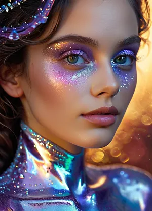 (masterpiece, best quality, ultra-detailed, photorealistic, HDR, fantasy art, waist-up portrait, entire figure from head to waist, face and upper body centered in frame, direct visual focus), female, young adult, Aelith, fantastical being, inhuman, sapphire-blue skin with intense pearlescent glow and inner luminescence, diamond-shaped elongated face, sharply sculpted cheekbones adorned with complex, crystalline natural patterns shimmering in rainbow hues, completely gold irises with no visible pupils or sclera, eyes softly glowing from within, long translucent white lashes, brow area replaced by thin luminescent silver lines, nose small, smooth, with perfectly straight bridge, lips heart-shaped, metallic ultramarine and violet shine, no natural texture, gentle enigmatic smile, ears extended upward and outward with crystalline outgrowths along edges, hair hyperlong, thick, silver-white with shifting iridescent tints, cascading to waist in abstract fluid waves, high swanlike neck glowing from within, shoulders and chest sheathed in semi-transparent glassy fabric with abstract opalescent refractions and subtle prismatic highlights, skin beneath garment subtly shimmers, natural crystalline collar and pauldrons formed by body, posture regal and still, background softly blurred — cosmic nebula of deep blues, purples, shimmering starlight, five distinct non-fused fingers on each hand if visible, perfect anatomy, hyperreal color, ultra-sharp focus, <lora:MJ52:1>, <lora:SDXLHighDetail_v6-000005:.8>, <lora:Microwaist_XL_v01:.8>