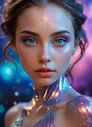 (masterpiece, best quality, ultra-detailed, photorealistic, HDR, fantasy art, waist-up portrait, entire figure from head to waist, face and upper body centered in frame, direct visual focus), female, young adult, Aelith, fantastical being, inhuman, sapphire-blue skin with intense pearlescent glow and inner luminescence, diamond-shaped elongated face, sharply sculpted cheekbones adorned with complex, crystalline natural patterns shimmering in rainbow hues, completely gold irises with no visible pupils or sclera, eyes softly glowing from within, long translucent white lashes, brow area replaced by thin luminescent silver lines, nose small, smooth, with perfectly straight bridge, lips heart-shaped, metallic ultramarine and violet shine, no natural texture, gentle enigmatic smile, ears extended upward and outward with crystalline outgrowths along edges, hair hyperlong, thick, silver-white with shifting iridescent tints, cascading to waist in abstract fluid waves, high swanlike neck glowing from within, shoulders and chest sheathed in semi-transparent glassy fabric with abstract opalescent refractions and subtle prismatic highlights, skin beneath garment subtly shimmers, natural crystalline collar and pauldrons formed by body, posture regal and still, background softly blurred — cosmic nebula of deep blues, purples, shimmering starlight, five distinct non-fused fingers on each hand if visible, perfect anatomy, hyperreal color, ultra-sharp focus, <lora:MJ52:1>, <lora:SDXLHighDetail_v6-000005:.8>, <lora:Microwaist_XL_v01:.8>