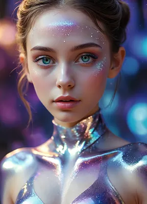 (masterpiece, best quality, ultra-detailed, photorealistic, HDR, fantasy art, waist-up portrait, entire figure from head to waist, face and upper body centered in frame, direct visual focus), female, young adult, Aelith, fantastical being, inhuman, sapphire-blue skin with intense pearlescent glow and inner luminescence, diamond-shaped elongated face, sharply sculpted cheekbones adorned with complex, crystalline natural patterns shimmering in rainbow hues, completely gold irises with no visible pupils or sclera, eyes softly glowing from within, long translucent white lashes, brow area replaced by thin luminescent silver lines, nose small, smooth, with perfectly straight bridge, lips heart-shaped, metallic ultramarine and violet shine, no natural texture, gentle enigmatic smile, ears extended upward and outward with crystalline outgrowths along edges, hair hyperlong, thick, silver-white with shifting iridescent tints, cascading to waist in abstract fluid waves, high swanlike neck glowing from within, shoulders and chest sheathed in semi-transparent glassy fabric with abstract opalescent refractions and subtle prismatic highlights, skin beneath garment subtly shimmers, natural crystalline collar and pauldrons formed by body, posture regal and still, background softly blurred — cosmic nebula of deep blues, purples, shimmering starlight, five distinct non-fused fingers on each hand if visible, perfect anatomy, hyperreal color, ultra-sharp focus, <lora:MJ52:1>, <lora:SDXLHighDetail_v6-000005:.8>, <lora:Microwaist_XL_v01:.8>