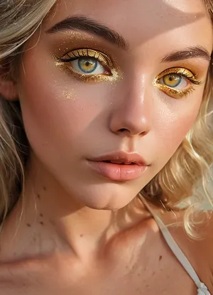 (masterpiece, best quality, ultra-detailed, photorealistic, HDR, fantasy portrait, extreme close-up), Aelith, feminine, young adult, face in soft diamond shape with symmetrical proportions, flawless deep sapphire-blue skin with subtle pearlescent glow, high sculpted cheekbones adorned with faint natural crystal-like patterns, elegant narrow nose with smooth bridge, full heart-shaped lips tinted in metallic blue gloss, (striking gold eyes with no visible pupils, glowing softly from within:1.5), long white lashes, soft arc of delicate silver brows, gentle serene smile, forehead and cheeks shimmer with iridescent highlight, elongated pointed ears, flowing silver-white hair with opal reflections, visible shoulders and upper chest in translucent silvery garment, background softly blurred with cosmic nebula colors and faint starlight, correct anatomy, luminous color and detail, five distinct non-fused fingers on each hand if visible, <lora:MJ52:1>, <lora:SDXLHighDetail_v6-000005:.8>, <lora:Microwaist_XL_v01:.8>
