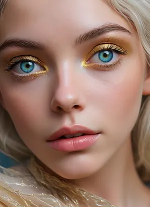 (masterpiece, best quality, ultra-detailed, photorealistic, HDR, fantasy portrait, extreme close-up), Aelith, feminine, young adult, face in soft diamond shape with symmetrical proportions, flawless deep sapphire-blue skin with subtle pearlescent glow, high sculpted cheekbones adorned with faint natural crystal-like patterns, elegant narrow nose with smooth bridge, full heart-shaped lips tinted in metallic blue gloss, (striking gold eyes with no visible pupils, glowing softly from within:1.5), long white lashes, soft arc of delicate silver brows, gentle serene smile, forehead and cheeks shimmer with iridescent highlight, elongated pointed ears, flowing silver-white hair with opal reflections, visible shoulders and upper chest in translucent silvery garment, background softly blurred with cosmic nebula colors and faint starlight, correct anatomy, luminous color and detail, five distinct non-fused fingers on each hand if visible, <lora:MJ52:1>, <lora:SDXLHighDetail_v6-000005:.8>, <lora:Microwaist_XL_v01:.8>