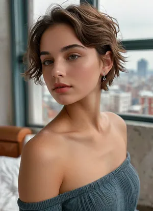 (masterpiece, best quality, ultra-detailed, photorealistic, HDR, clear northern daylight), 18-year-old French-Canadian girl Juno, Montreal, inverted triangle face shape with very wide cheekbones and narrow chin, cool porcelain skin with subtle gray undertone, high sharp cheekbones with soft blush, pointed nose with a small beauty mark on the left side, striking light green vertically elongated eyes with fine silver limbal rings, straight brows with a distinct break at the outer end, (ultra-glossy, medium lips with slight natural asymmetry:1.5), lips tinted in pale mauve gloss, quiet thoughtful smile, eyelids shaded with muted sage and soft gray, medium sparse dark lashes, each brow and lash hair rendered in detail, (ash-brown hair styled in a short, textured pixie cut:1.2), visible shoulders and upper chest dressed in an off-shoulder slate-blue knit top with minimalist ribbing, soft fabric folds above bust, geometric silver earring in one ear, blurred modern Montreal apartment interior with art books, city view through large window, correct anatomy, precise vibrant color and detail, five distinct non-fused fingers on each hand if visible, <lora:MJ52:1>, <lora:SDXLHighDetail_v6-000005:.8>, <lora:Microwaist_XL_v01:.8>