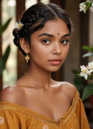 (masterpiece, best quality, ultra-detailed, photorealistic, HDR, warm tropical indoor lighting), 18-year-old Sinhalese girl Priya, Colombo, diamond-shaped face with narrow temples and defined jaw tapering sharply to chin, radiant golden-brown skin with subtle red undertone, high sculpted cheekbones with warm blush, short broad nose with slight bump and wide bridge, almond amber eyes with soft feline shape and reflective gold flecks, short arched thick brows, (ultra-glossy, long narrow lips with visible dimple on lower lip:1.5), lips painted in cinnamon gloss, serene and introspective smile, eyelids shaded in soft turmeric and bronze tones, medium upward-curling lashes, each brow and lash hair rendered precisely, (thick deep black hair in a high braided bun with jasmine flowers:1.2), visible shoulders and upper chest in an off-shoulder silk saffron blouse with subtle embroidery above the bust, traditional silver stud earrings, peaceful meditation space in background with wooden flooring, potted greenery, incense, correct anatomy, deep rich tone and clarity, <lora:MJ52:1>, <lora:SDXLHighDetail_v6-000005:.8>, <lora:Microwaist_XL_v01:.8>