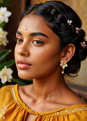 (masterpiece, best quality, ultra-detailed, photorealistic, HDR, warm tropical indoor lighting), 18-year-old Sinhalese girl Priya, Colombo, diamond-shaped face with narrow temples and defined jaw tapering sharply to chin, radiant golden-brown skin with subtle red undertone, high sculpted cheekbones with warm blush, short broad nose with slight bump and wide bridge, almond amber eyes with soft feline shape and reflective gold flecks, short arched thick brows, (ultra-glossy, long narrow lips with visible dimple on lower lip:1.5), lips painted in cinnamon gloss, serene and introspective smile, eyelids shaded in soft turmeric and bronze tones, medium upward-curling lashes, each brow and lash hair rendered precisely, (thick deep black hair in a high braided bun with jasmine flowers:1.2), visible shoulders and upper chest in an off-shoulder silk saffron blouse with subtle embroidery above the bust, traditional silver stud earrings, peaceful meditation space in background with wooden flooring, potted greenery, incense, correct anatomy, deep rich tone and clarity, <lora:MJ52:1>, <lora:SDXLHighDetail_v6-000005:.8>, <lora:Microwaist_XL_v01:.8>