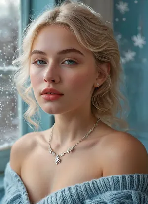 (masterpiece, best quality, ultra-detailed, photorealistic, HDR, cool Nordic window light), 18-year-old Swedish girl Agata, Stockholm, elongated pear-shaped face with narrow jaw, nearly translucent icy skin with soft frost-pink blush, prominent cheekbones, short narrow nose with flat tip, unique light-silver eyes with warm golden ring at the limbus, short plush low-set brows, (ultra-glossy, very short plump lips with visible asymmetry:1.5), lips tinted in cool pink gloss, quiet thoughtful smile, eyelids with pale silver and light taupe, short fuzzy lashes, fine brow and lash texture, long platinum blonde hair with a gentle wave, (tucked behind one ear:1.2), low rounded hairline, visible shoulders and upper chest in an off-shoulder pale blue angora sweater, fluffy texture softly draped above bust, silver snowflake necklace, cozy Scandinavian interior with candles, books, frosted window, correct anatomy, crisp cool color and exceptional detail, <lora:MJ52:1>, <lora:SDXLHighDetail_v6-000005:.8>, <lora:Microwaist_XL_v01:.8>