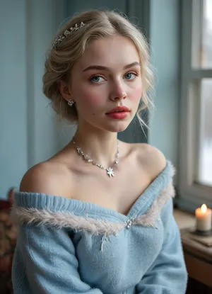 (masterpiece, best quality, ultra-detailed, photorealistic, HDR, cool Nordic window light), 18-year-old Swedish girl Agata, Stockholm, elongated pear-shaped face with narrow jaw, nearly translucent icy skin with soft frost-pink blush, prominent cheekbones, short narrow nose with flat tip, unique light-silver eyes with warm golden ring at the limbus, short plush low-set brows, (ultra-glossy, very short plump lips with visible asymmetry:1.5), lips tinted in cool pink gloss, quiet thoughtful smile, eyelids with pale silver and light taupe, short fuzzy lashes, fine brow and lash texture, long platinum blonde hair with a gentle wave, (tucked behind one ear:1.2), low rounded hairline, visible shoulders and upper chest in an off-shoulder pale blue angora sweater, fluffy texture softly draped above bust, silver snowflake necklace, cozy Scandinavian interior with candles, books, frosted window, correct anatomy, crisp cool color and exceptional detail, <lora:MJ52:1>, <lora:SDXLHighDetail_v6-000005:.8>, <lora:Microwaist_XL_v01:.8>
