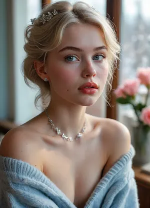 (masterpiece, best quality, ultra-detailed, photorealistic, HDR, cool Nordic window light), 18-year-old Swedish girl Agata, Stockholm, elongated pear-shaped face with narrow jaw, nearly translucent icy skin with soft frost-pink blush, prominent cheekbones, short narrow nose with flat tip, unique light-silver eyes with warm golden ring at the limbus, short plush low-set brows, (ultra-glossy, very short plump lips with visible asymmetry:1.5), lips tinted in cool pink gloss, quiet thoughtful smile, eyelids with pale silver and light taupe, short fuzzy lashes, fine brow and lash texture, long platinum blonde hair with a gentle wave, (tucked behind one ear:1.2), low rounded hairline, visible shoulders and upper chest in an off-shoulder pale blue angora sweater, fluffy texture softly draped above bust, silver snowflake necklace, cozy Scandinavian interior with candles, books, frosted window, correct anatomy, crisp cool color and exceptional detail, <lora:MJ52:1>, <lora:SDXLHighDetail_v6-000005:.8>, <lora:Microwaist_XL_v01:.8>