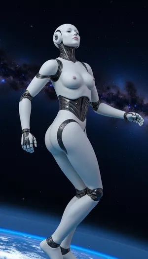 A robotic android woman dancing amongst the stars of the galaxy