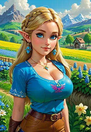 The image is a drawing of a character from the The Legend of Zelda. franchise named Zelda. She is depicted as a young woman with medium, flowing blonde hair and blue eyes. She is wearing a blue shirt and brown leather pants. She is also wearing small earings. Rosalina is standing in front of a green field with many flowers. She is looking at the viewer with a gentle smile on her face. The image is drawn in a realistic style, and the colors are light and warm., huge, breasts, massive, <lora:dalle3-v1-full:.5>, <lora:ThePitXL:.5>, <lora:SDXL_MassiveCowsLoRA_v1:.5>