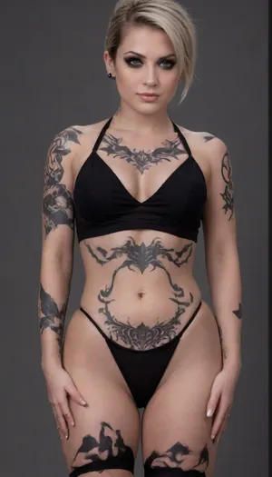 Generate a portrait image of a young caucasian adult woman, brown eyes, blonde hair tied to a knot, (black tube top without straps:1.5), ((many black tattoos on her torso:2)), ((many black tattoos on chest)), (tattoo sleeves:1.5), no collar, silver nose ring, womb, on, stomach, breasts, demon, wings, horns, lingerie, full, body, tattoo, microskirt, extremely, short, skirt, <lora:womb_tattoo_v6_SDXL:1.6>, <lora:FBT-000002:1.6>, <lora:MicroSkirt_XL:1.6>, <lora:chest_adjust:1.8>