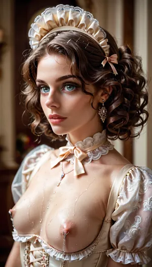 Cute brunette adult woman in Victorian outfit, 19 years old, deep decolte, tiny breast, big nipple areolas