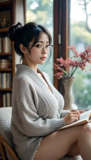 Adult Japanese woman 45 years old, long black hair in a bun, brown eyes, wearing reading glasses. She is wearing a gray oversize knitted sweater and lace shorts. She has big breasts, a beautiful figure, and a big, beautiful ass. She is sitting on a chair, holding a book and reading it. The room is decorated in a Japanese style, and it is set in the present day., <lora:MJ52:.9>, jpn-girl, <lora:japanese_girl_v1.1:.8>