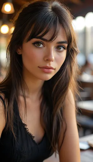 ziprealism, (avant-garde snapshot esthetic), (adorable Italian woman, charming girlfriend, soft smile, warm loving gaze, lunch at chic outdoor cafe), (f/2.8, shallow depth of field, creamy bokeh, tight head shot, extreme face closeup, layered composition with subtle foreground, strong shadowy vignette, focus on eyes), (glossy black hair, long wispy bangs, voluminous hair, long hair, straight hair, hair framing face:1.4), (catchlights, sharp contrasting limbal rings, large expressive eyes, stunning eyes, perfect eyes, slightly downturned eyes, long delicate eyelashes), (long angular facial features, stereotypical Italian woman:1.4), igbaddie, <lora:igbaddie-XL:.8>, <lora:MJ52:.8>
