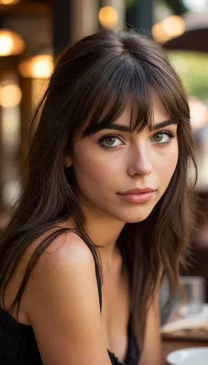 ziprealism, (avant-garde snapshot esthetic), (adorable Italian woman, charming girlfriend, soft smile, warm loving gaze, lunch at chic outdoor cafe), (f/2.8, shallow depth of field, creamy bokeh, tight head shot, extreme face closeup, layered composition with subtle foreground, strong shadowy vignette, focus on eyes:1.4), (glossy black hair, long wispy bangs, voluminous hair, long hair, straight hair, hair framing face:1.6), (catchlights, sharp contrasting limbal rings, large expressive eyes, stunning eyes, perfect eyes, slightly downturned eyes, long delicate eyelashes), (long angular facial features, stereotypical Italian woman:1.4), igbaddie, <lora:igbaddie-XL:.8>, <lora:MJ52:.8>
