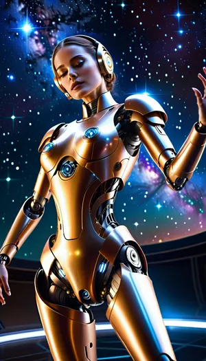 A robotic android woman dancing amongst the stars of the galaxy