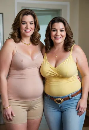 A portrait of two obese smiling mature American women in their late 50s standing close together indoors. The woman on the left has long brown hair, brown eyes, chubby, and wears a yellow off-the-shoulder top, tight white highwaist jeans, a crossbody purse with a strap that goes across her cleavage, and a gold bracelet, she is thick, thick thighs, fupa. The woman on the right has shoulder-length dark blonde wavy hair with highlights, fat, saggy, plump, curvy, wide hips, hourglass figure, detailed eyes, big eyes, blue eyes, and wears a sleeveless top, cleavage, tight tan highwaist shorts, fupa, a necklace, a watch on her left wrist, and rings on both ring fingers. The background is a bright indoor setting with white walls, a doorway, and blurred furniture. The lighting is even and bright.
