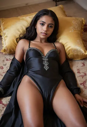 (very petite:1.3), (19 year old), (young face), (moroccan girl naked), (ultra dark black skin), (fluorescent satin-dress), (small boobs), (abaya), (pussy shaved), Lying on her back, legs pulled behind and around her arms.