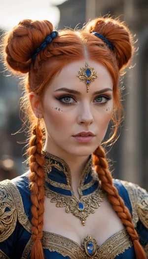20000419.1, A mesmerizing fantasy portrait of a fierce warrior princess with striking, fiery orange hair styled into intricate twin buns and detailed braids. Her deep blue eyes contrast against the warm hues of her ornate golden and black embroidered outfit, creating a regal, almost mythical presence. The detailed face paint adds an extra layer of mystique and power to the image
