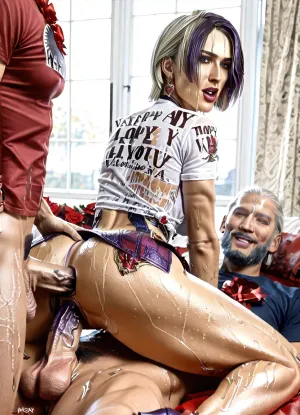(Valentine is the Queen ofdouble penetration:1.3), (Isabella is the Queen of double penetration:1.3), (tomboy:1.3), (full nenlson ass fuck:1.3), (full nenlson anal fuck:1.3), (isabella valentine:1.3), (Jill Valentine1.1), (Wet T-shirt:1.3), beautiful face, perfect face, highly detailed beautiful face and eyes, attractive face, very curvy, long legs, stylish, Natural Breasts, perfect body, high heels, Escape from old men. perfect body, perfect tits. barafoot, white microskirt so microskirt that showes white see through transparent lace thong visible under microskirt, (front view1.3), standing