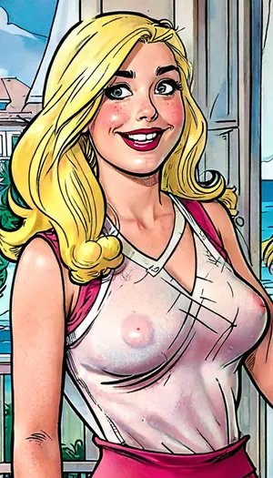photo masterpiece, gorgeous woman, Betty from Archie comics, brightly lit, alluring, natural big boobs, big expressive eyes, thick moist lips, smiling, detailed, big puffy aureolas, big puffy erect nipples, realistic natural skin, key focus, depth of field, but, braless, Wearing, clothes, that, make, sense, with, Braless>, puffy, nipples, dark, ghost, wide, <lora:MJ52:2>, <lora:add-detail-xl:2>, <lora:BUT_SDXL_SHS:1>, <lora:bralessSDXL_v1_00022:.3>, <lora:Nipples XL:2>