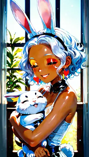 score_9, score_8_up, score_7_up, The image is an illustration of a young woman with long white hair and red eyes. She is wearing a white tank top and has a pair of bunny ears on her head. The woman is holding a white rabbit in her arms and is kissing it tenderly. The rabbit has its eyes closed and appears to be sleeping. The background is a room with a window and a plant. The overall mood of the image is peaceful and serene. dark_skin, rating, safe, white_hair, heart, animal_ears, 1girl, red_eyes, long_hair, parted_bangs, bunny_ears, hug, bare_shoulders, window, smile, half-closed_eyes, indoors, looking_at_viewer, one_eye_closed