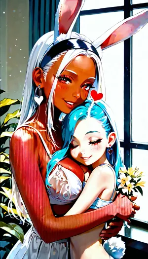 score_9, score_8_up, score_7_up, The image is an illustration of a young woman with long white hair and red eyes. She is wearing a white bra and breifs and has a pair of bunny ears on her head. The woman is holding a white rabbit in her arms and is kissing it tenderly. The rabbit has its eyes closed and appears to be sleeping. The background is a room with a window and a plant. The overall mood of the image is peaceful and serene. dark_skin, rating, safe, white_hair, heart, animal_ears, 1girl, red_eyes, long_hair, parted_bangs, bunny_ears, hug, bare_shoulders, window, smile, half-closed_eyes, indoors, looking_at_viewer, one_eye_closed
