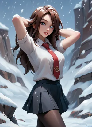 outdoors, snow_mountain, snowing, woman, school uniform, pleated skirt, necktie, crossed legs, (pantyhose), looking at viewer, from side, parted lips, arms behind head, evocative pose, sexy smile, skindentation, (looking at viewer:1.2), (detailed eyes), shiny skin, hiqcgbody, big eyes, masterpiece, ultra high res, best quality, beautiful lighting, detailed, intricate, takagi, saya, (<lora:Samaritan 3d Cartoon SDXL:.8>)