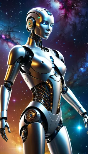 A robotic cybernetic android dancing amongst the stars of the galaxy