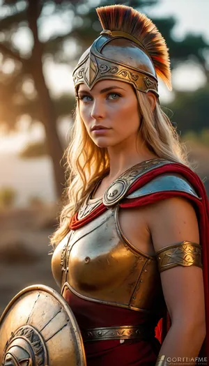 Sunset light, (beautiful blonde woman 30 year old, greek warrior, red greek antic tunic, spear, very clear blue eyes, corinthian helmet, greek helmet, (antic greek armor), anatomic spartan armor, proud, godess, large round shield), greek warrior, greek armor, Athena, owl on shoulder, raw, <lora:MJ52:.8>, Portrait, professional, color, grading, <lora:208210_training_data:.8>