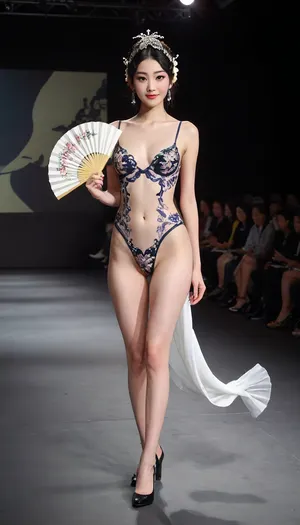 (fashion week, modern, fancy light, dark background, runway fashion show:1.4), (1girl, asian, long legs, tall girl, 180 cm:1.4), (walking, white underpanties:1.2), Chinese traditional opera hair style, (slender body, long legs:1.3), (top naked, natural breasts:1.3), (without makeup:1.2), black hair, (black thick curly pubic hair:1.2), (white high heels shoes:1.2), (holding in hand a small round hand fan, covering pussy:1.3), chinese, peking, opera, show, podium, walks, posing, fashion, runw4y, <lora:MaybeBetterFaceInFullBodyLora_XL_rev3:1.3>, <lora:chinese_peking_opera:.6>, <lora:fashion_runw4y:1.6>, <lora:493467_training_data:1.2>