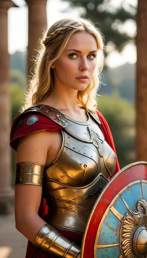 Sunset light, (beautiful blonde woman 30 year old, greek warrior, red greek antic tunic, spear, very clear blue eyes, corinthian helmet, ((show nipples)), greek helmet, (antic greek armor), anatomic spartan armor, proud, godess, large round shield), greek warrior, greek armor, Athena, (owl on shoulder), raw, Portrait, professional, color, grading, <lora:MJ52:.8>, <lora:208210_training_data:.8>