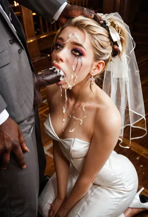 beautiful sexy petite blonde woman, ruined makeup, Brown eyes, ponytail, wearing a wedding dress and veil, man wearing suit, on knees, interracial blowjob, sucking black dick, good hands, perfect fingers, lots of spit, lots of cum, hair pull, (cum on face:1.2), in a church, bbcdeepthroat, <lora:BBCDeepthroat:1>, eyeliner, thick, graphic, eyelashes, <lora:406734_training_data:.8>