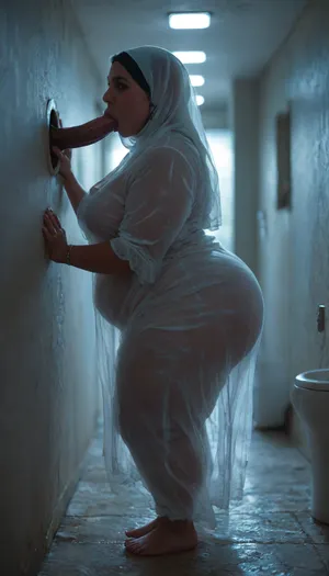 glory hole, oral sex, (woman, milf, short, chubby), big dildo, cinematic lighting, digital painting, bright colors, night scene, bar bathroom, best quality, masterpiece, (Very curvy BBW womans), ((sBbw+PAWG)), (obese), <lora:MJ52:.2>, <lora:M05_Intensify:.1>, <lora:gyakutaiojisan_bed_AB_XL:.8>, <lora:Glowing_beach:.1>, 20 year old, young Arab lady, saggy breasts, fertile, very busty, overweight, chubby arab woman with a huge round plump ass, (knickers:1.2), (loose dress:1.2), (hijab:1.2)