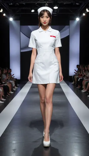 (fashion week, modern, fancy light, dark background, runway fashion show:1.4), (1girl, Asian, nurse, long legs, tall, 180 cm:1.4), (front view:1.2), (walking:1.2), (Chinese nurse short hair style, nurse uniform:1.1), (slender body, long legs:1.3), (without makeup:1.2), black hair, (black thick curly pubic hair:.1), (white flesh stockings, white low heels shoes:1.2), (cool face expression:1.3), show, podium, walks, posing, fashion, runw4y, nurse, uniform, <lora:MaybeBetterFaceInFullBodyLora_XL_rev3:1.1>, <lora:fashion_runw4y:1.6>, <lora:493467_training_data:1.2>, <lora:nurse_uniform_xl_v1_1:1.8>