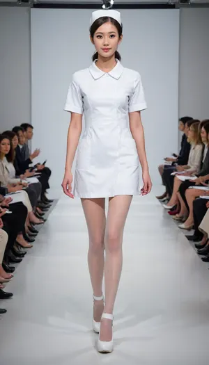 (fashion week, modern, fancy light, white background, runway fashion show:1.4), (1girl, Asian, nurse, long legs, tall, 180 cm:1.4), (front view:1.2), (walking:1.2), (Chinese nurse short hair style, nurse uniform:1.1), (slender body, long legs:1.3), (without makeup:1.2), black hair, (black thick curly pubic hair:.1), (white flesh stockings, white low heels shoes:1.2), (cool face expression:1.3), show, podium, walks, posing, fashion, runw4y, surgical, outfit, nurse, uniform, <lora:MaybeBetterFaceInFullBodyLora_XL_rev3:1.1>, <lora:fashion_runw4y:1.6>, <lora:493467_training_data:1.2>, <lora:concept_surgeon_xl_v1:.6>, <lora:nurse_uniform_xl_v1_1:1.8>