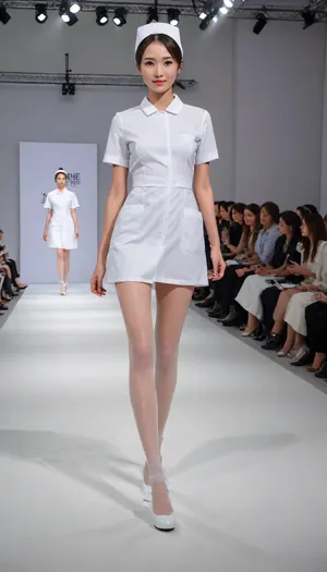 (fashion week, modern, fancy light, white background, runway fashion show:1.4), (1girl, Asian, nurse, long legs, tall, 180 cm:1.4), (back view:1.2), (walking:1.2), (Chinese nurse short hair style, nurse uniform:1.1), (slender body, long legs:1.3), (without makeup:1.2), black hair, (black thick curly pubic hair:.1), (white flesh stockings, white low heels shoes:1.2), (cool face expression:1.3), show, podium, walks, posing, fashion, runw4y, surgical, outfit, nurse, uniform, <lora:MaybeBetterFaceInFullBodyLora_XL_rev3:1.1>, <lora:fashion_runw4y:1.6>, <lora:493467_training_data:1.2>, <lora:concept_surgeon_xl_v1:.6>, <lora:nurse_uniform_xl_v1_1:1.8>