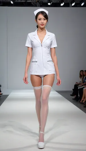 (fashion week, modern, fancy light, white background, runway fashion show:1.4), (1girl, Asian, nurse, long legs, tall, 180 cm:1.4), (white bra, white underpanties:1.3), (walking:1.2), (Chinese nurse short hair style, nurse uniform:1.1), (slender body, long legs:1.3), (without makeup:1.2), black hair, (black thick curly pubic hair:.1), (white flesh stockings, white low heels shoes:1.2), (cool face expression:1.3), show, podium, walks, posing, fashion, runw4y, nurse, uniform, <lora:MaybeBetterFaceInFullBodyLora_XL_rev3:1.1>, <lora:fashion_runw4y:1.6>, <lora:493467_training_data:1.2>, <lora:nurse_uniform_xl_v1_1:1.8>