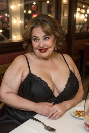 65yo mature woman, beautiful obese milf, (obese:1.5), classy tight hairstyle, hair in intricate setup, sitting across you at a table in a cozy restaurant, spaghetti strap black dress, humorous surprised expression, her eyes are wide, ((with a raised eyebrow)), smirking with a charming laugh, ((her lower lip is curled up)), giving a playful ‘uh-oh’ look, The face shows a mix of amusement and joyfulness, caught in a funny mistake, wrinkles around eyes, bow shaped lips with delicate lipstick, wide mouth, wide smile, long characteristic nose, laugh lines, blurry background, dimmed lights, sidenips, nipple slip, milf, <lora:sidenips_v24a:.4>, <lora:Milf:.9>