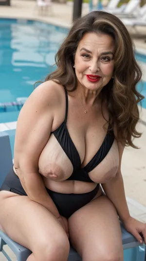 65yo mature woman, beautiful obese milf, (obese:1.5), long hair, light brunette hair with highlights, tight hairstyle, sitting across you in a chair at the hotel pool, black one-piece swimsuit, humorous surprised expression, her eyes are wide, ((with a raised eyebrow)), smirking with a charming laugh, ((her lower lip is curled up)), giving a playful ‘uh-oh’ look, The face shows a mix of amusement and joyfulness, caught in a funny mistake, wrinkles around eyes, bow shaped lips with delicate lipstick, wide mouth, wide smile, long characteristic nose, laugh lines, blurry background, sidenips, nipple slip, milf, <lora:sidenips_v24a:.5>, <lora:Milf:.8>