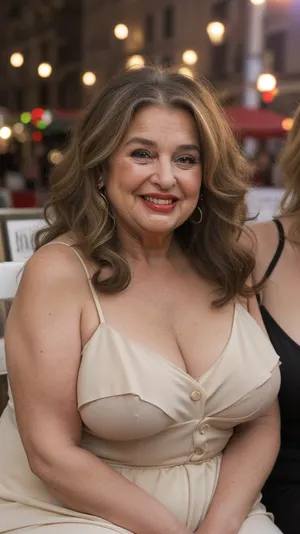 65yo mature woman, beautiful obese milf, (obese:1.5), long hair, light brunette hair with highlights, tight hairstyle, sitting across you in a chair, tight spaghetti strap black sundress, humorous surprised expression, her eyes are wide, ((with a raised eyebrow)), smirking with a charming laugh, ((her lower lip is curled up)), giving a playful ‘uh-oh’ look, The face shows a mix of amusement and joyfulness, caught in a funny mistake, wrinkles around eyes, bow shaped lips with delicate lipstick, wide mouth, wide smile, long characteristic nose, laugh lines, blurry background, dimmed lights, sidenips, nipple slip, milf, <lora:sidenips_v24a:.5>, <lora:Milf:.8>