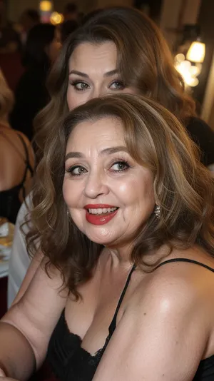 High angle shot, 65yo mature woman, beautiful obese milf, (obese:1.5), long hair, light brunette hair with highlights, tight hairstyle, sitting across you in a chair, spaghetti strap black dress, humorous surprised expression, her eyes are wide, ((with a raised eyebrow)), smirking with a charming laugh, ((her lower lip is curled up)), giving a playful ‘uh-oh’ look, The face shows a mix of amusement and joyfulness, caught in a funny mistake, wrinkles around eyes, bow shaped lips with delicate lipstick, wide mouth, wide smile, long characteristic nose, laugh lines, blurry background, dimmed lights, sidenips, nipple slip, milf, <lora:sidenips_v24a:.5>, <lora:Milf:.9>