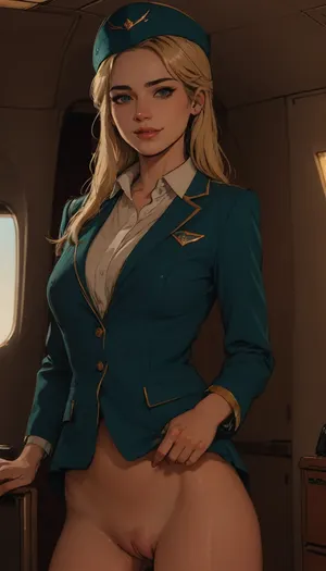Aeroflot flight attendant, smiling, set in an airplane, POV, blue flight attendant uniform with gold trim, (blue blazer), (white blouse), (blue skirt), tight pussy, little blue hat, Russian, blonde, Source_anime, (A detailed pencil drawing with clean lines and meticulous shading, flat colors, line art, no gradients, blue and green palette), realistic anatomy, drawing have delicate shading and intricate details, lineart, <lora:Moebius (Jean Giraud) Style:1.1>, <lora:sketch_it:.8>, <lora:lineartSDXL:1.1>, <lora:ratatatat74-000050:1.1>, skirtlift, <lora:skirtlift_xl:.8>