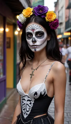18 yeyold girl, black hair, medium breast, full body, tall, skinny body, white painted face skull face, day of the dead, painted face, Mardi gras, bourbon street, wearing a costume