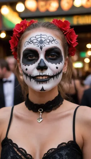 18 yeyold girl, white painted face skull face, day of the dead, painted face, Mardi gras, bourbon street, full body, drinking a cocktail, black choker, evil smile