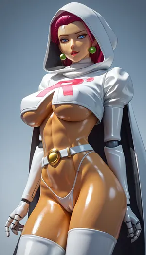 ((((Jessie from pokemon)))), ((((Android skin:2)))), huge breasts, wears white leather micro thong and bra, head covered with a white leather hood, wears a white leather belt, long white leather boots, knee-length white ranger leather gloves, white leather collar, white leather belt around her thigh, wears a white leather cape, deep visible cameltoe in her thong, underboob, score_9, score_8_up, score_7_up, score_6, score_5_up, score_4_up, score_3, score_2_up, score_1_up