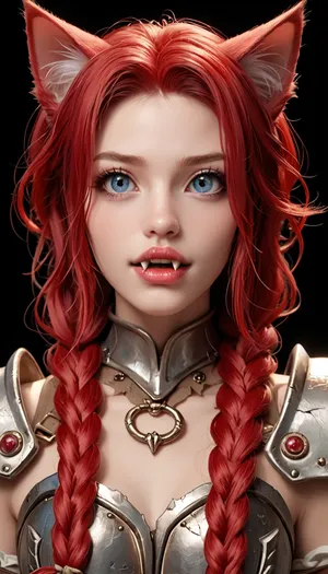 German woman, solo, a very very very long thick braid, red hair, full lips, thick lips, huge chest circumference, torn battle armor Catgirl, big eyes, fangs, cat claws