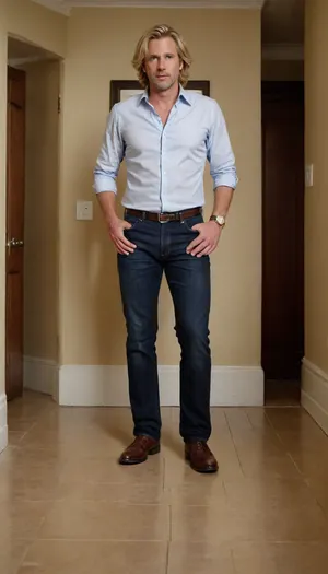 Charming medium hair lengty blonde 40 year old man, showing cock feet background walls