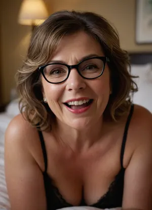 65yo mature woman, obese milf, brunette balayage hair with highlights, sitting across you in a bed in a hotel room, spaghetti strap black lingerie, humorous surprised expression, her eyes are wide, ((with a raised eyebrow)), sturdy square glasses, smirking with a charming laugh, ((her lower lip is curled up)), giving a playful ‘uh-oh’ look, The face shows a mix of amusement and joyfulness, caught in a funny mistake, wrinkles around eyes, bow shaped lips with delicate lipstick, wide mouth, wide smile, long characteristic nose, laugh lines, blurry background, nipple slip